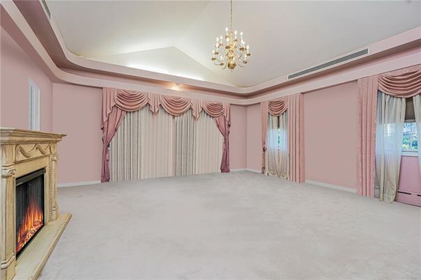 Chandelier, Empty room, Fireplace, Interior