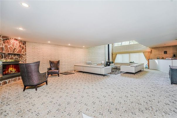 Fireplace, Interior, Living room, Recessed Lighting, Stone Walls