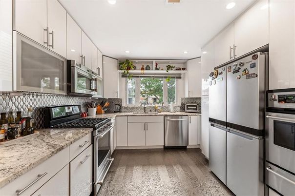 Interior, Kitchen, Recessed Lighting, Stainless Steel Appliances, Wood Texture Flooring