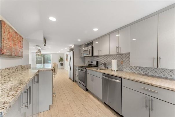 Interior, Kitchen, Recessed Lighting, Stainless Steel Appliances, Wood Texture Flooring