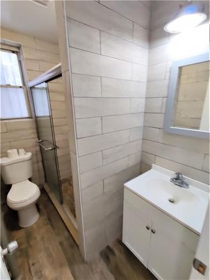 Bathroom, Glass Shower, Interior, Wood Texture Flooring