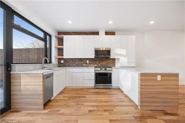 Interior, Kitchen, Recessed Lighting, Stainless Steel Appliances, Wood Texture Flooring