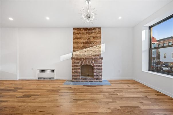 Empty room, Fireplace, Interior, Recessed Lighting, Wood Texture Flooring