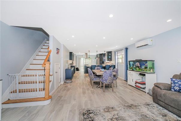 Dining room, Interior, Kitchen, Pendant Lights, Recessed Lighting, Wood Texture Flooring