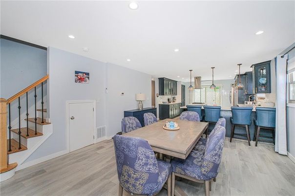 Dining room, Interior, Pendant Lights, Recessed Lighting, Wood Texture Flooring