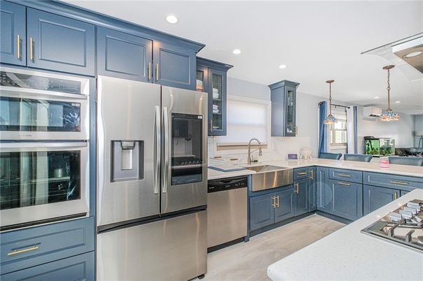 Interior, Kitchen, Pendant Lights, Recessed Lighting, Stainless Steel Appliances, Wood Texture Flooring