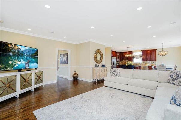 Chandelier, Dining room, Interior, Kitchen, Living room, Pendant Lights, Recessed Lighting, Wood Texture Flooring