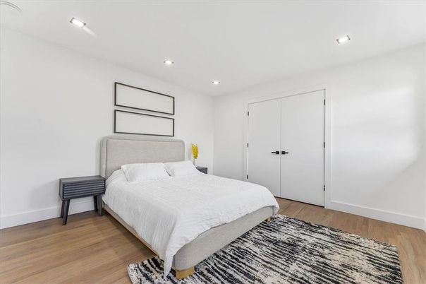 Bedroom, Interior, Recessed Lighting, Wood Texture Flooring