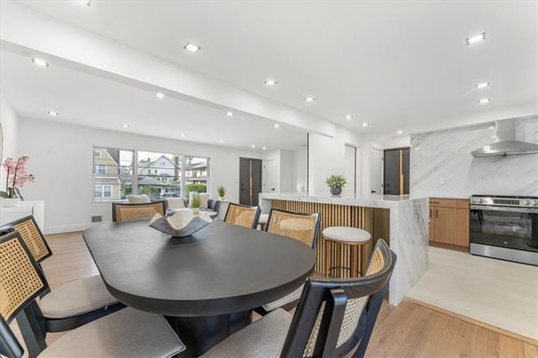 Dining room, Interior, Kitchen, Marble Walls, Recessed Lighting, Stainless Steel Appliances, Wood Texture Flooring