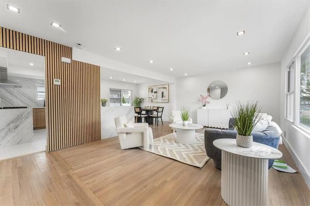 Dining room, Interior, Living room, Recessed Lighting, Wood Texture Flooring