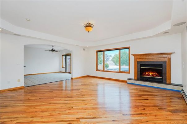 Empty room, Fireplace, Interior, Recessed Lighting, Wood Texture Flooring