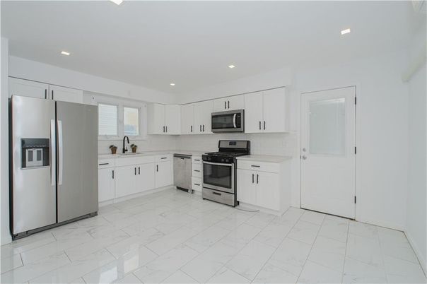Interior, Kitchen, Marble, Recessed Lighting, Stainless Steel Appliances