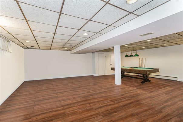Billiard Table, Empty room, Game Room, Interior, Recessed Lighting, Wood Texture Flooring