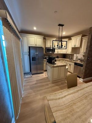Interior, Kitchen, Pendant Lights, Recessed Lighting, Stainless Steel Appliances, Wood Texture Flooring