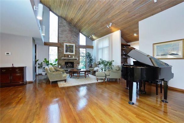 Fireplace, Interior, Living room, Piano, Recessed Lighting, Stone Walls, Wooden Ceilings, Wood Texture Flooring