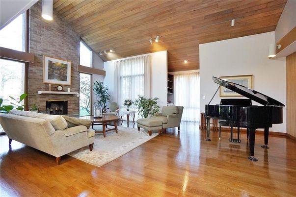 Fireplace, Interior, Living room, Piano, Recessed Lighting, Stone Walls, Wooden Ceilings, Wood Texture Flooring