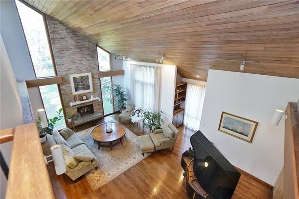 Fireplace, Interior, Living room, Recessed Lighting, Stone Walls, Wooden Ceilings, Wood Texture Flooring