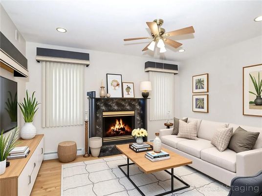 Fireplace, Interior, Living room, Pendant Lights, Recessed Lighting, Wood Texture Flooring