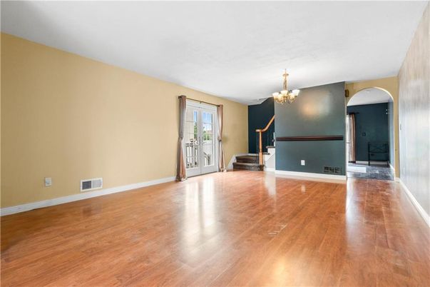 Chandelier, Empty room, Fireplace, Interior, Wood Texture Flooring
