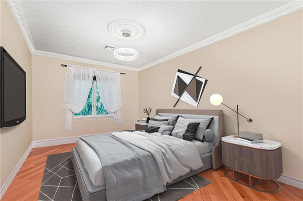Bedroom, Interior, Pendant Lights, Wood Texture Flooring