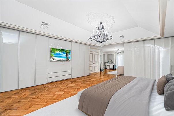 Bedroom, Chandelier, Interior, Wood Texture Flooring