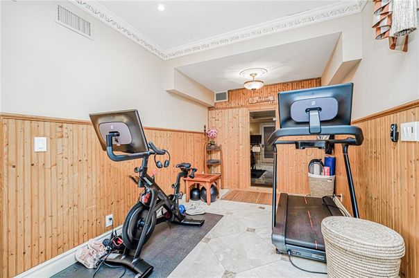 Fitness Equipment, Interior, Recessed Lighting, Wood Texture Flooring, Wooden Walls