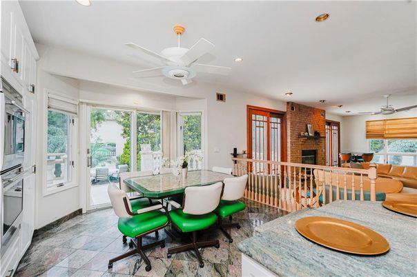 Dining room, Fireplace, Interior, Living room, Recessed Lighting, Stone Walls