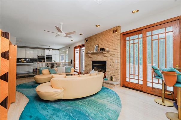 Dining room, Fireplace, Interior, Kitchen, Living room, Recessed Lighting, Stone Walls