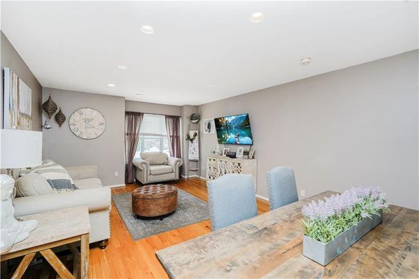 Dining room, Interior, Living room, Recessed Lighting, Wood Texture Flooring