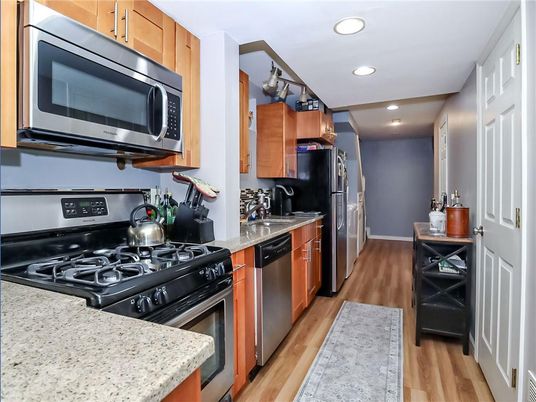 Interior, Kitchen, Recessed Lighting, Stainless Steel Appliances, Wood Texture Flooring