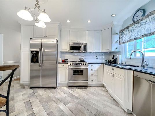 Interior, Kitchen, Pendant Lights, Recessed Lighting, Stainless Steel Appliances, Wood Texture Flooring