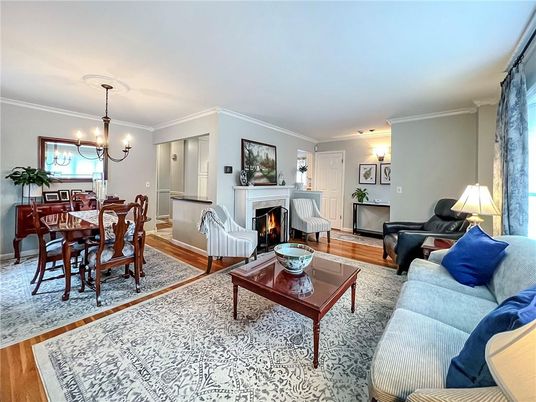 Chandelier, Dining room, Fireplace, Interior, Living room, Wood Texture Flooring