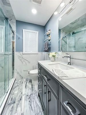 Bathroom, Glass Shower, Interior, Marble, Marble Walls, Recessed Lighting