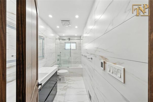 Bathroom, Glass Shower, Interior, Marble, Marble Walls, Recessed Lighting