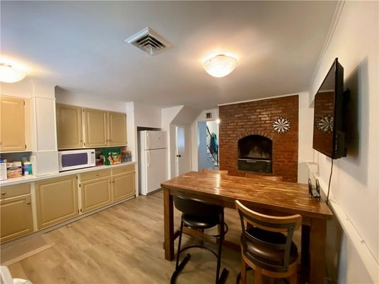 Fireplace, Interior, Kitchen, Stone Walls, Wood Texture Flooring