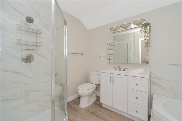 Bathroom, Glass Shower, Interior, Marble Walls, Wood Texture Flooring