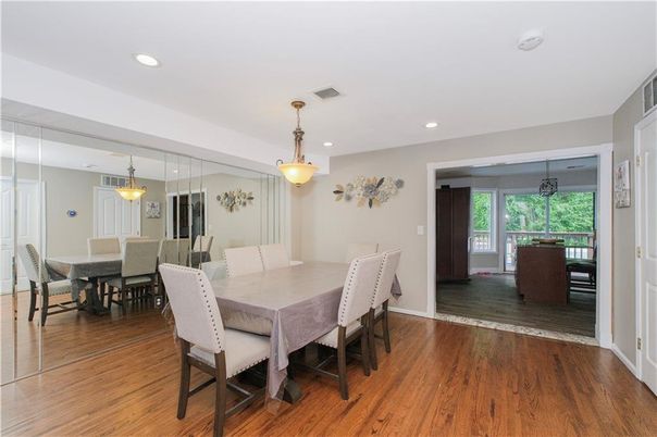 Dining room, Interior, Pendant Lights, Recessed Lighting, Wood Texture Flooring