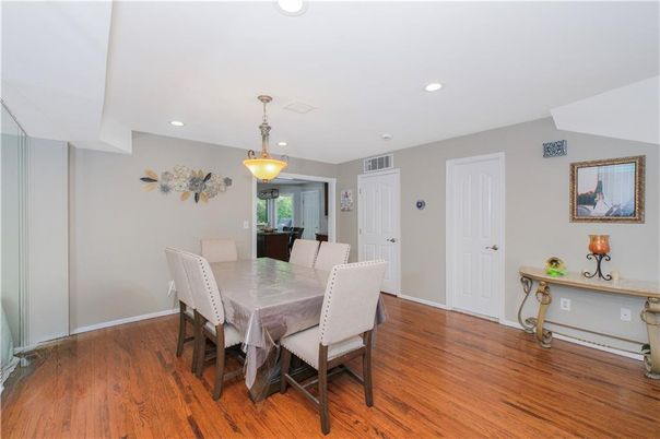 Dining room, Interior, Pendant Lights, Recessed Lighting, Wood Texture Flooring