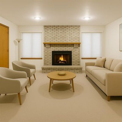 Fireplace, Interior, Living room, Recessed Lighting, Stone Walls