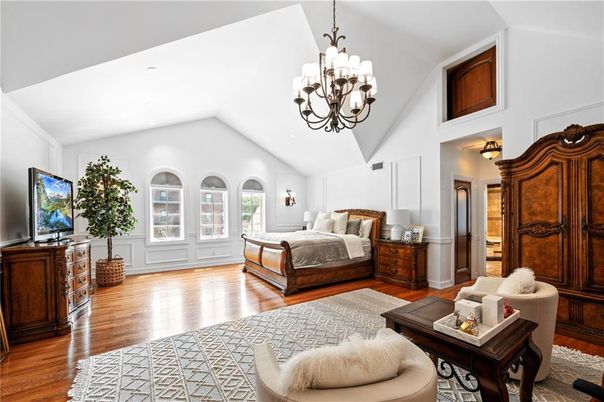 Bedroom, Chandelier, Interior, Wood Texture Flooring