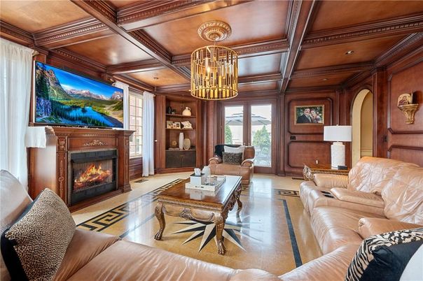 Chandelier, Fireplace, Interior, Living room, Recessed Lighting, Wooden Beams, Wooden Ceilings, Wooden Walls
