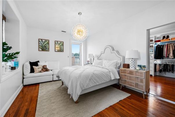 Bedroom, Chandelier, Interior, Wood Texture Flooring