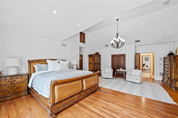 Bedroom, Chandelier, Interior, Recessed Lighting, Wood Texture Flooring