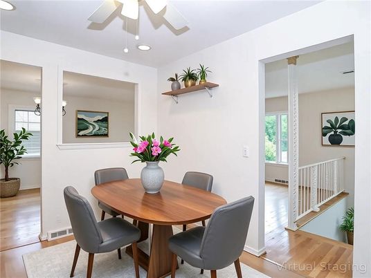 Dining room, Interior, Recessed Lighting, Wood Texture Flooring