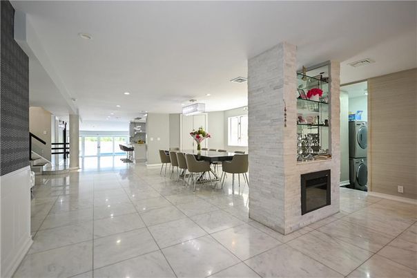 Dining room, Fireplace, Interior, Recessed Lighting