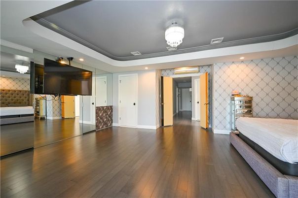 Bedroom, Chandelier, Interior, Recessed Lighting, Wood Texture Flooring