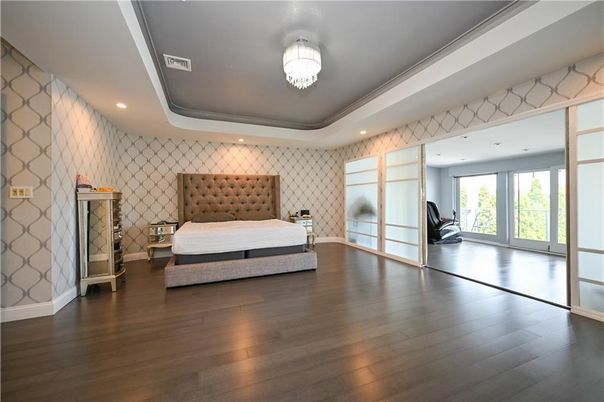Bedroom, Chandelier, Interior, Recessed Lighting, Wood Texture Flooring