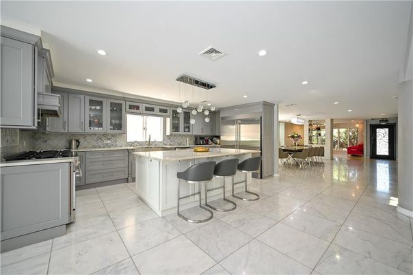 Dining room, Interior, Kitchen, Marble, Pendant Lights, Recessed Lighting, Stainless Steel Appliances
