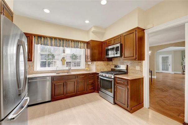 Interior, Kitchen, Recessed Lighting, Stainless Steel Appliances, Wood Texture Flooring