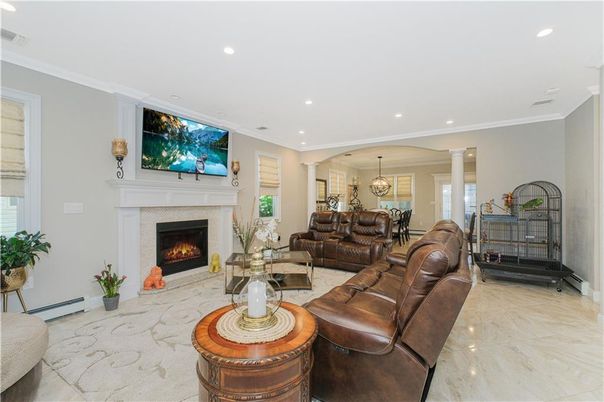 Fireplace, Interior, Living room, Marble, Pendant Lights, Recessed Lighting